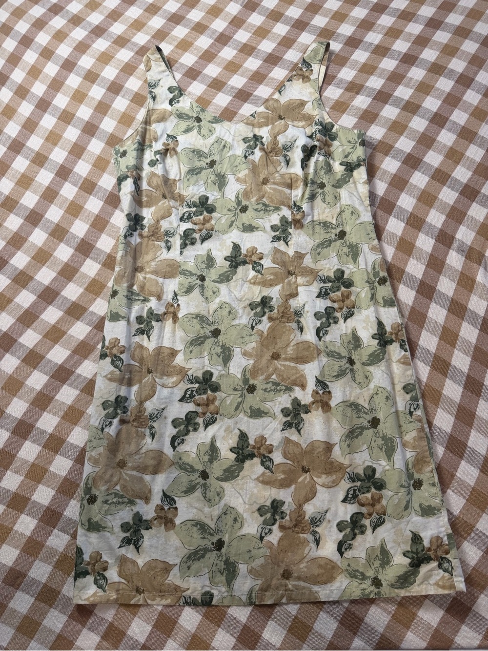 Vintage Y2K Faded Glory Floral Sleeveless Dress Sage Green Tan A-Line